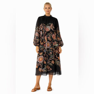 paper Parachute Black Long-Sleeve Floral Midi Dress pleated
